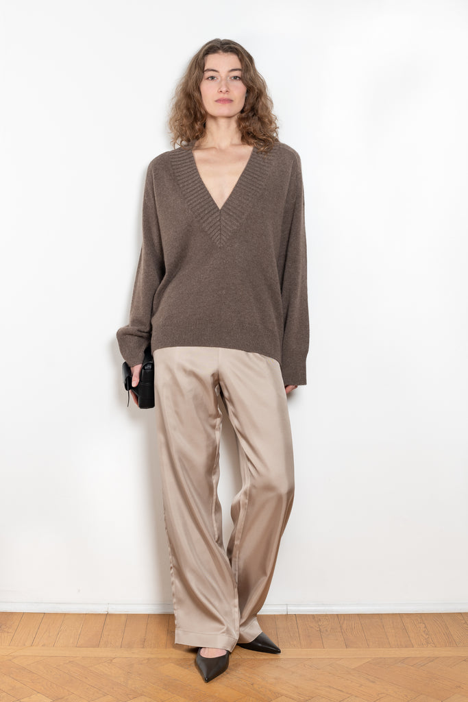 The Sage Sweater by Loulou Studio is an oversized sweater with an ample fit, a deep V, dropped shoulders