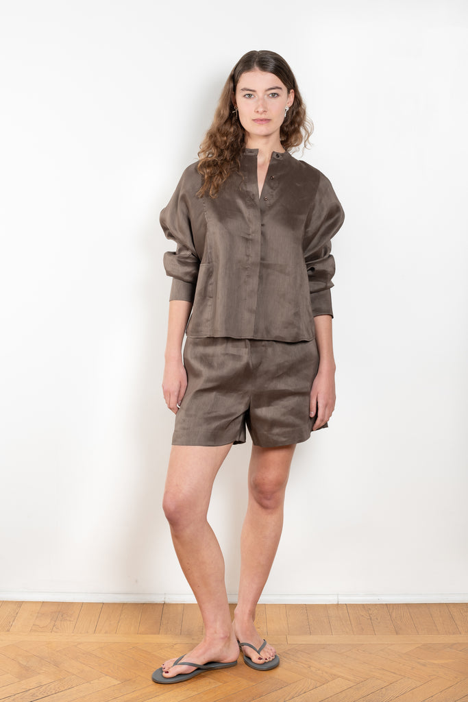 The Siara Top by Loulou Studio is a silk linen organza top with an airy back pleat