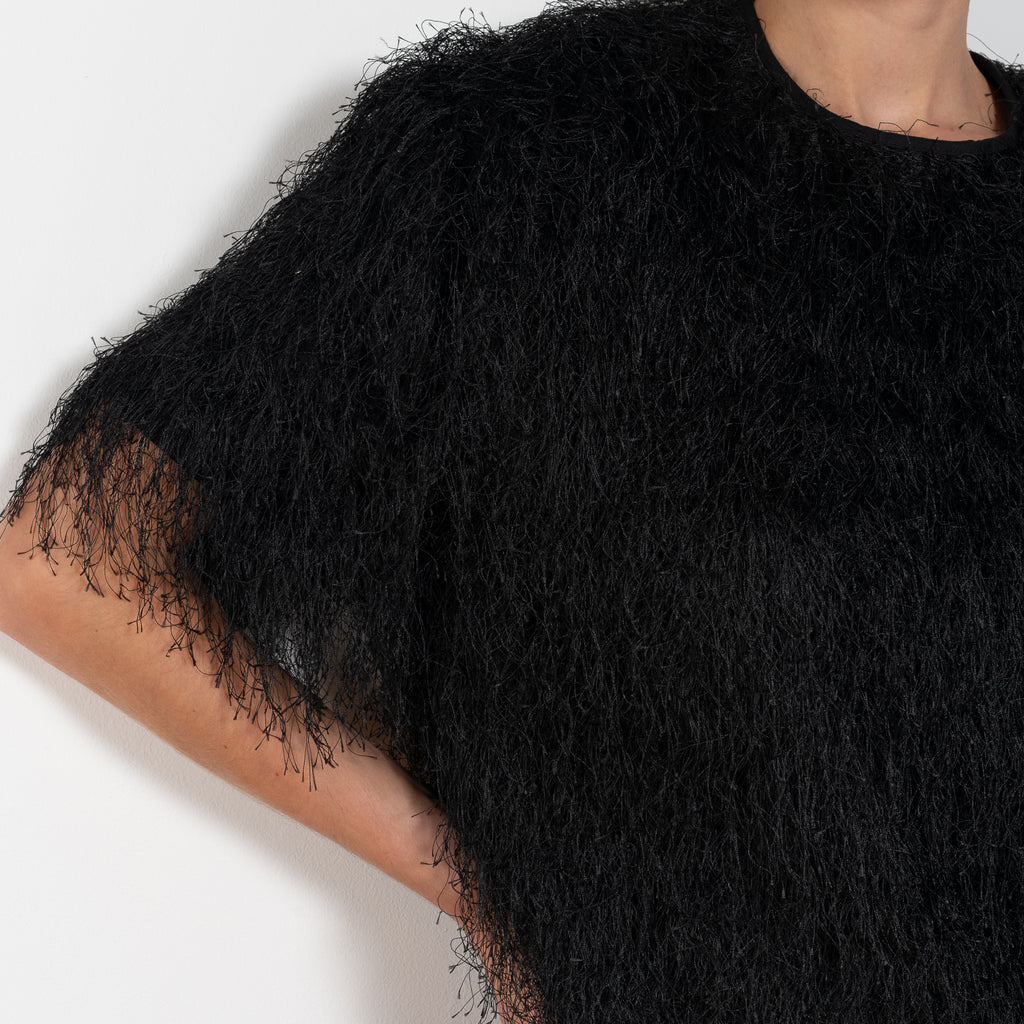 The Zaro Top by Loulou Studio is a short sleeve top with a round neck and long fringes