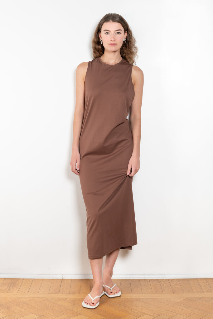 The Rayna Dress by Loulou Studio is a cotton jersey maxi dress with a cross knot detail on the back