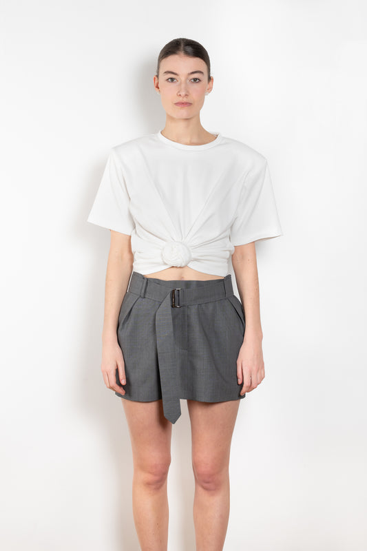 The Knotted Tshirt is Magda Butrym's classic ribbed t-shirt features a knotted detail at the front and detachable shoulder pads