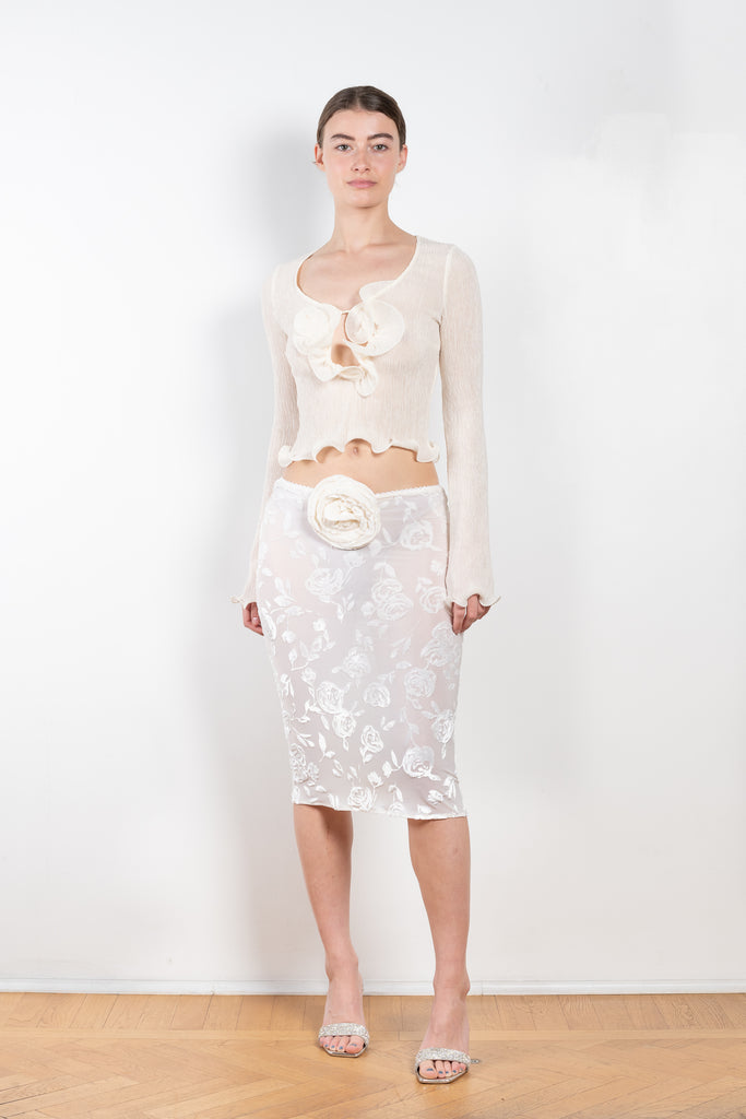 The Shirred Flower Top 02 by Magda Butrym is a cropped long sleeve top with a deep 3D flower decolte and ruffled finish