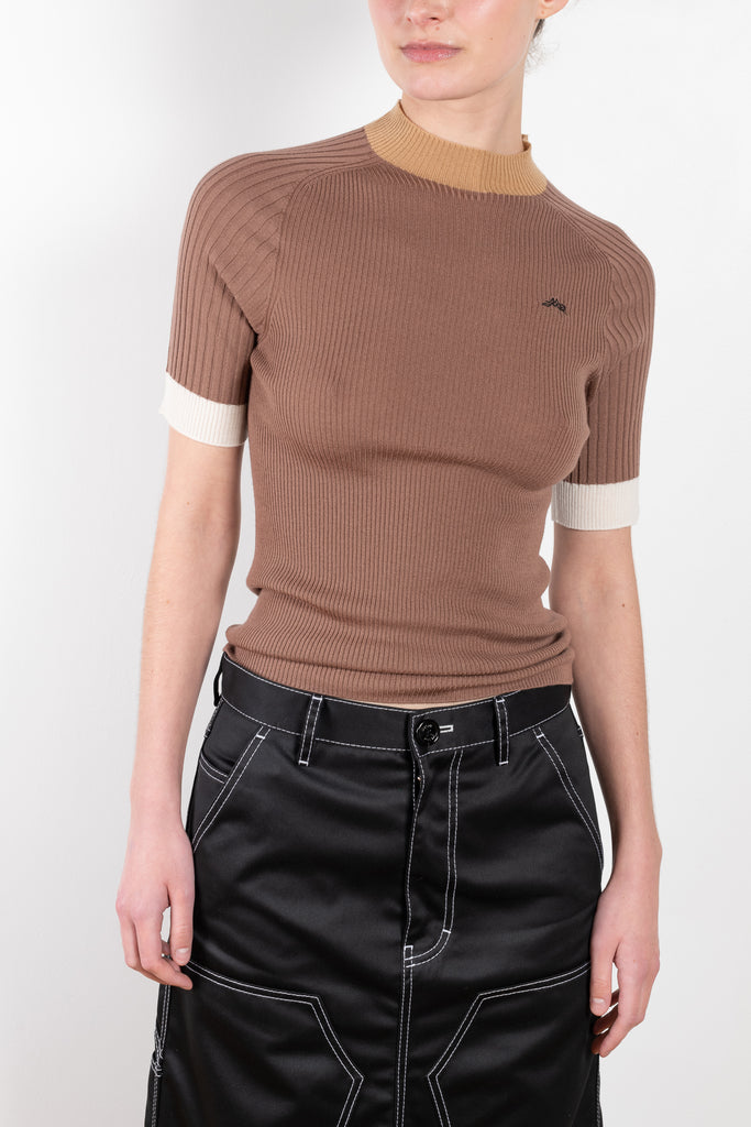 The Fine Knit Top by Meryll Rogge is a fitted top with a mock neck and color block details in a fine ribbed knit
