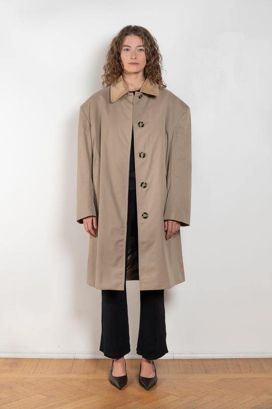 The Mac Coat by Meryll Rogge is an oversized cotton coat with an exaggerated shoulder line and a corduroy collar