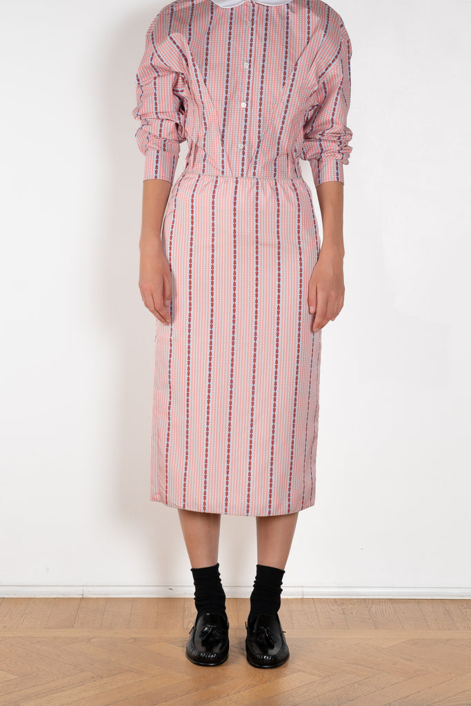 The Slip Skirt by Meryll Rogge is crafted in striped nylon silk, featuring a midi length and a straight silhouette.