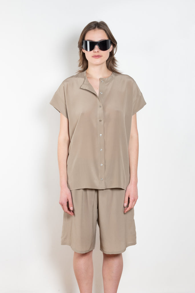 The Lily Top by Monique Van Heist is a short sleeved silk top with a buttoned mao collar