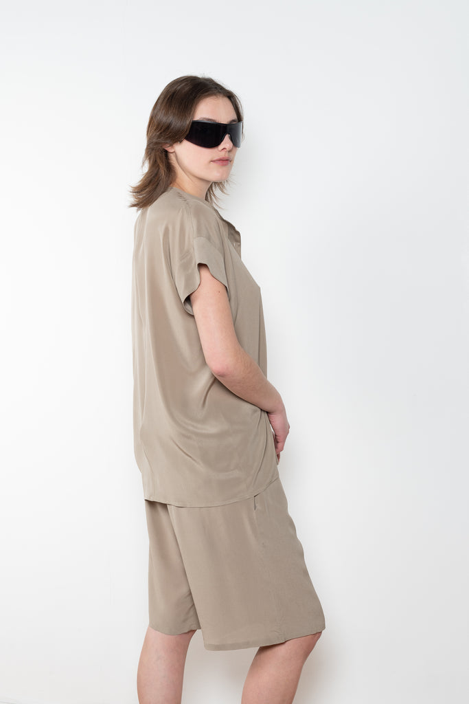 The Lily Top by Monique Van Heist is a short sleeved silk top with a buttoned mao collar