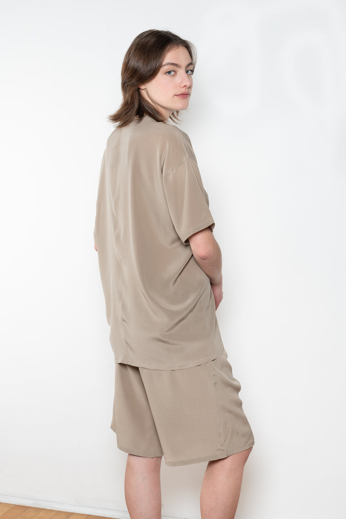 The Lol Mini Short Sleeve Top by Monique Van Heist is a short sleeved silk top with a round collar
