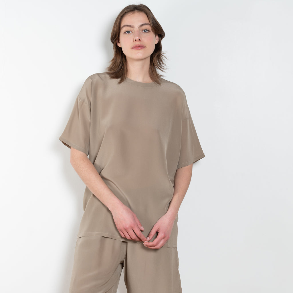 The Lol Mini Short Sleeve Top by Monique Van Heist is a short sleeved silk top with a round collar