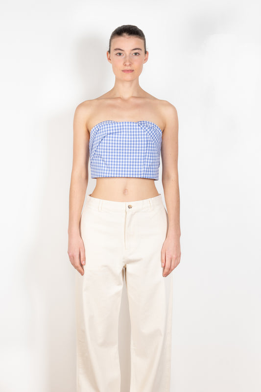 The Forbidden Bustier by Nackiye is a cotton bustier top with a corset finish in a blue vichy check