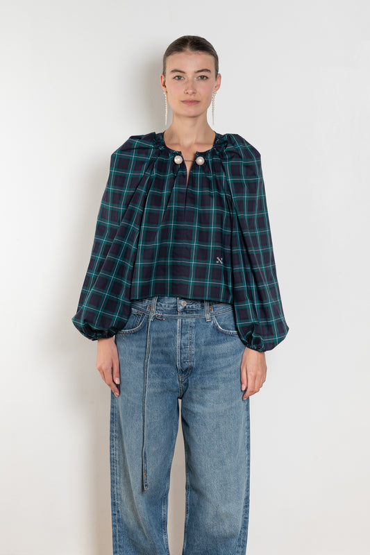 The Grand Bazaar Mini Top by Nackiye is a signature top with shawl shoulder feature and the classic double pearl neck pin in a mini version