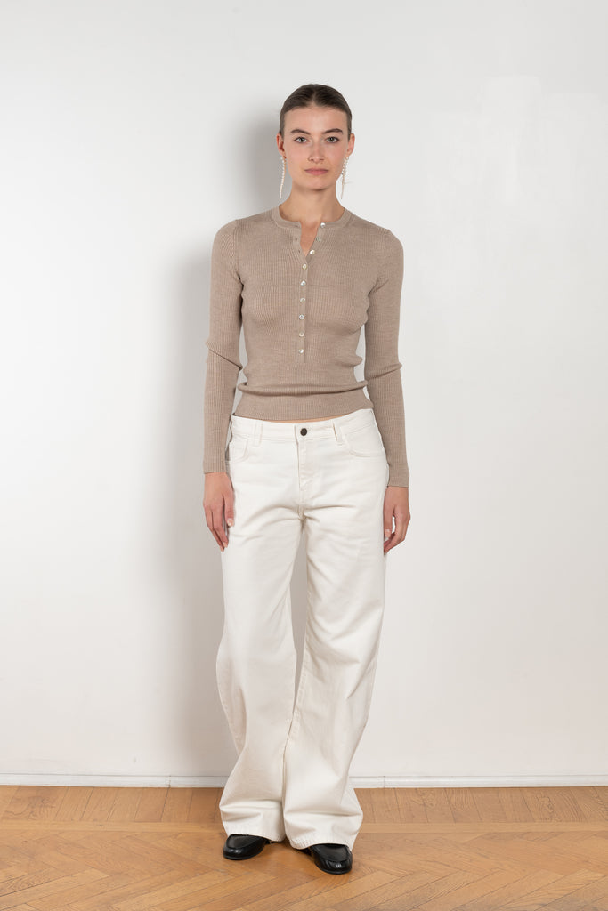 The Insider Knit Top by Nackiye is a classic button down knit top. The insider is close fitting in a soft, lightweight wool & silk, has a rounded v neckline
