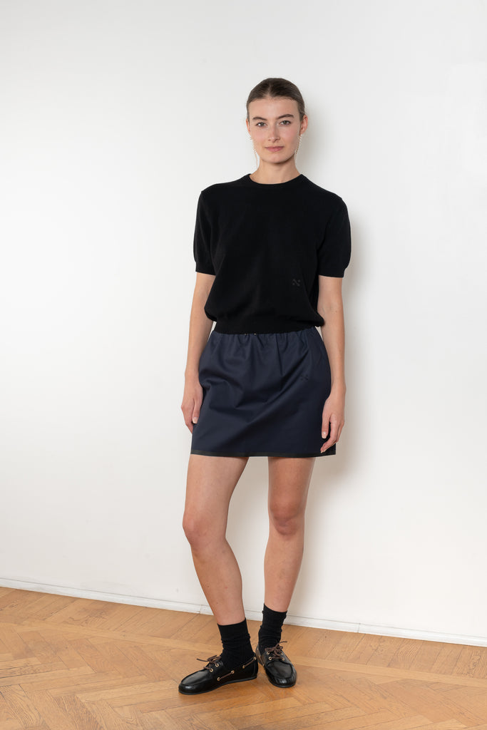 The Pearl Top by Nackiye is a crew neck short sleeved sweater in a lightweight cashmere with lightly ribbed sleeve hems and bottom hem