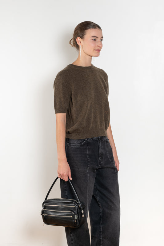 The Pearl Top by Nackiye is a crew neck short sleeved sweater in a lightweight cashmere with lightly ribbed sleeve hems and bottom hem