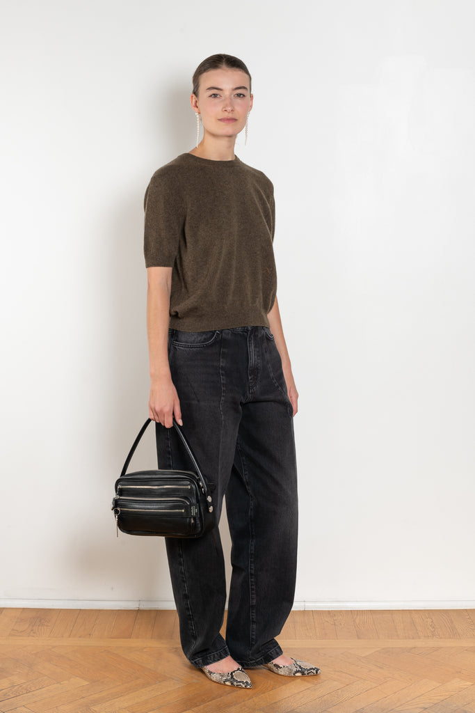 The Pearl Top by Nackiye is a crew neck short sleeved sweater in a lightweight cashmere with lightly ribbed sleeve hems and bottom hem