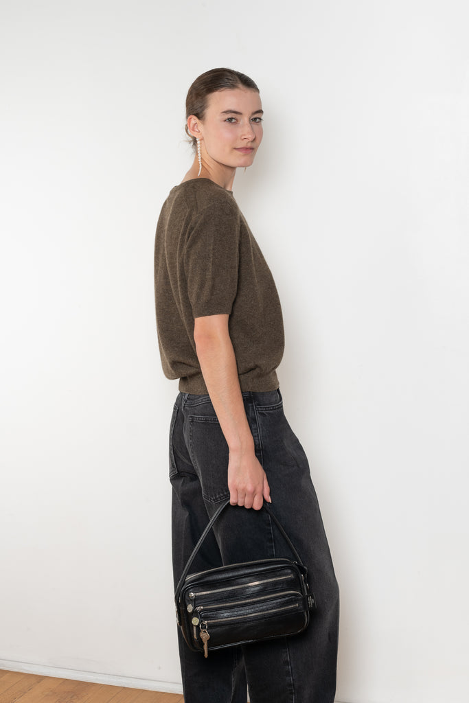 The Pearl Top by Nackiye is a crew neck short sleeved sweater in a lightweight cashmere with lightly ribbed sleeve hems and bottom hem