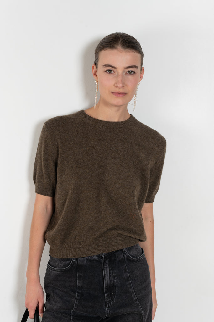 The Pearl Top by Nackiye is a crew neck short sleeved sweater in a lightweight cashmere with lightly ribbed sleeve hems and bottom hem