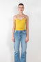 The Chain Top by Paco Rabanne is a bright yellow top with a chain collar in a soft lightweight merino wool blend