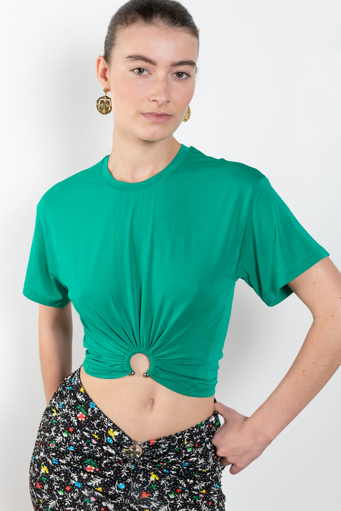 The Jersey Crop Top by Paco Rabanne is a cropped top fitted at the waist with a silver finish ring