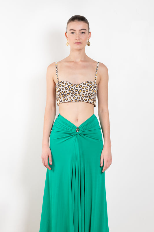 The Bralette Top by Paco Rabanne is a denim bralette with embellished PR details in a leopard print