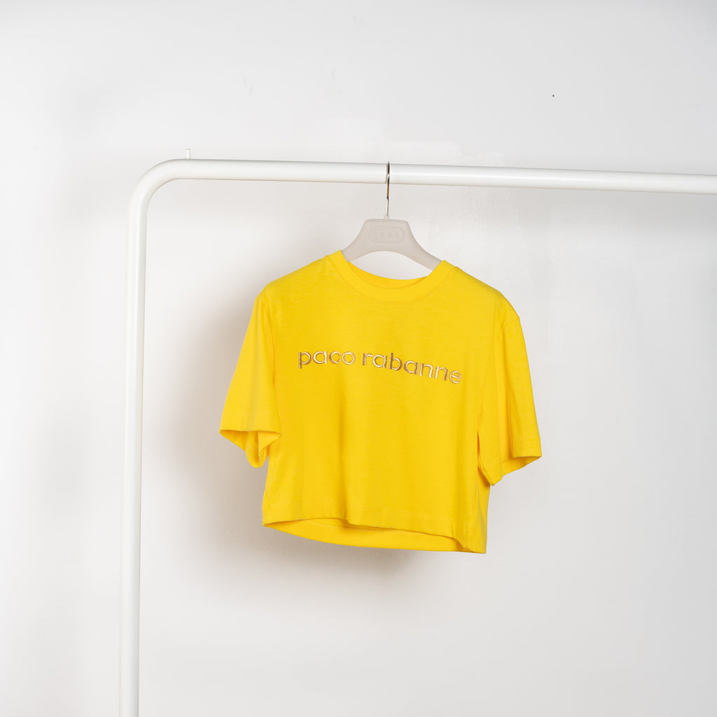 The Logo Tee by Paco Rabanne is a signature boxy Tee with a PR logo in a vivid summer yellow