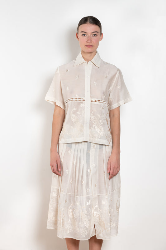 The Ada Shirtby SS Daley is a short sleeved shirt in a cotton voile with a delicate embroidered print
