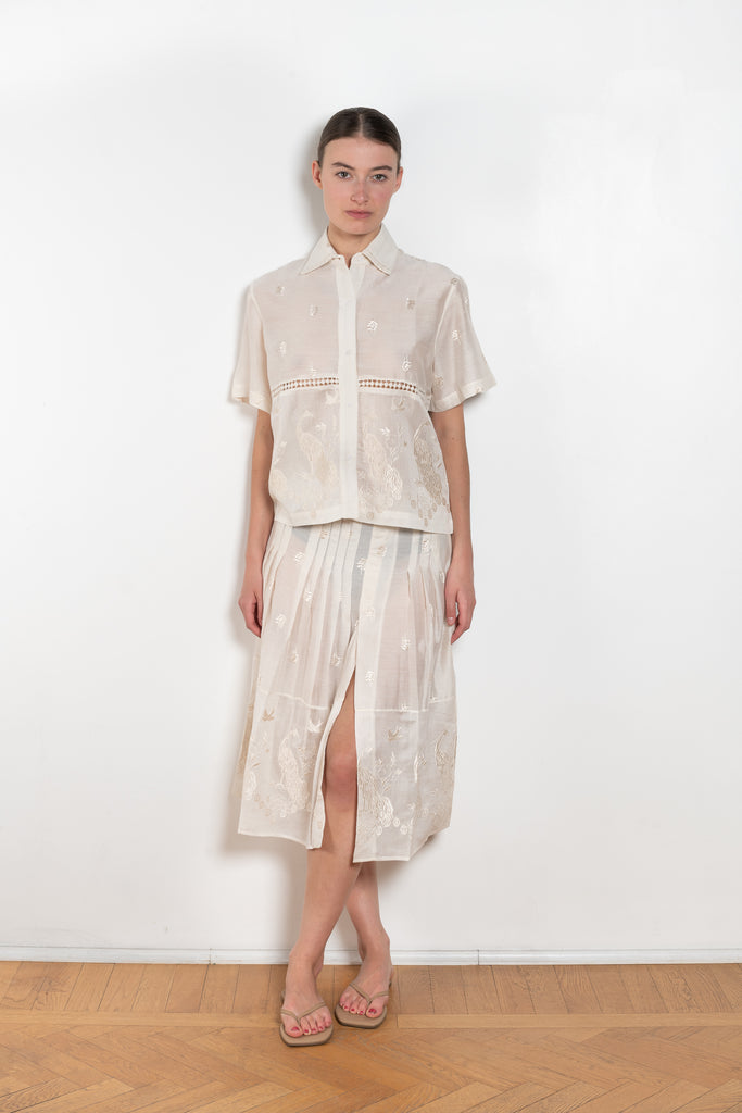 The Ada Shirt by SS Daley is a short sleeved shirt in a cotton voile with a delicate embroidered print