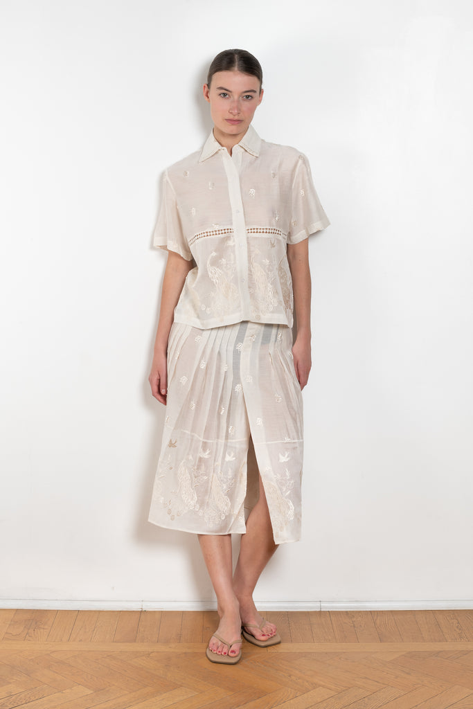 The Ada Skirt by SS Daley is a knee length pleated skirt in a cotton voile with a delicate embroidered print