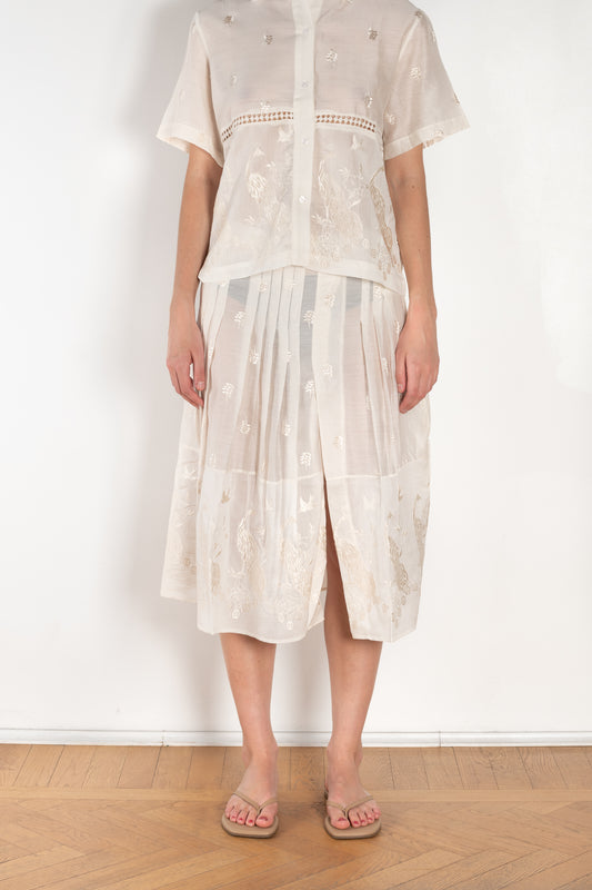 The Ada Skirt by SS Daley is a knee length pleated skirt in a cotton voile with a delicate embroidered print