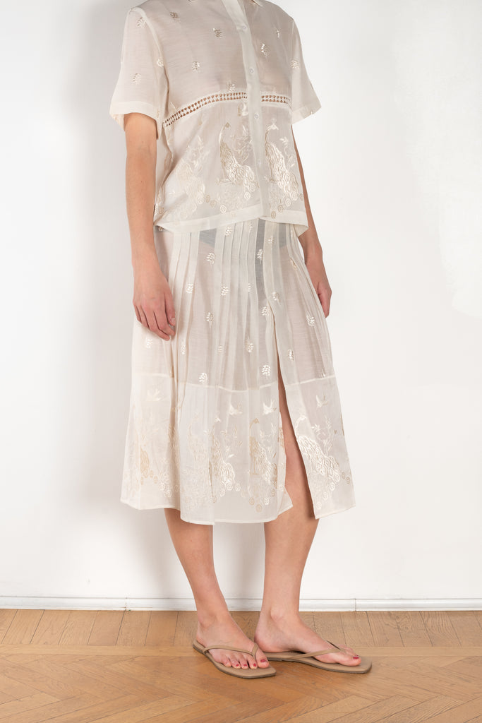 The Ada Skirt by SS Daley is a knee length pleated skirt in a cotton voile with a delicate embroidered print