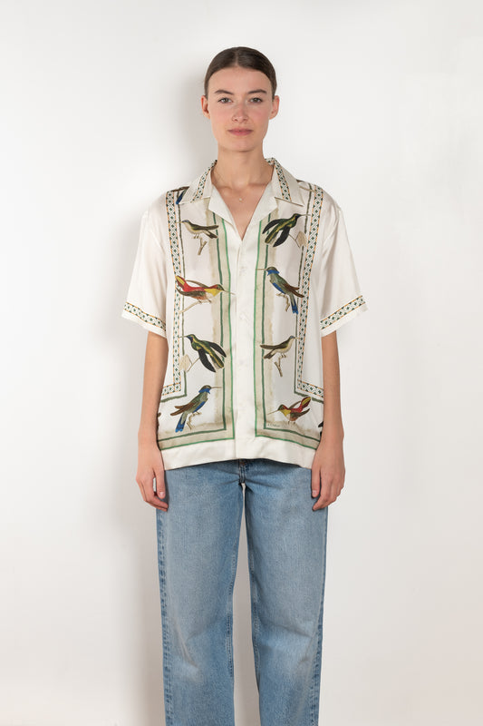 The Birdwatcher Shirt by SS Daley is a short sleeved silk shirt with a bird print