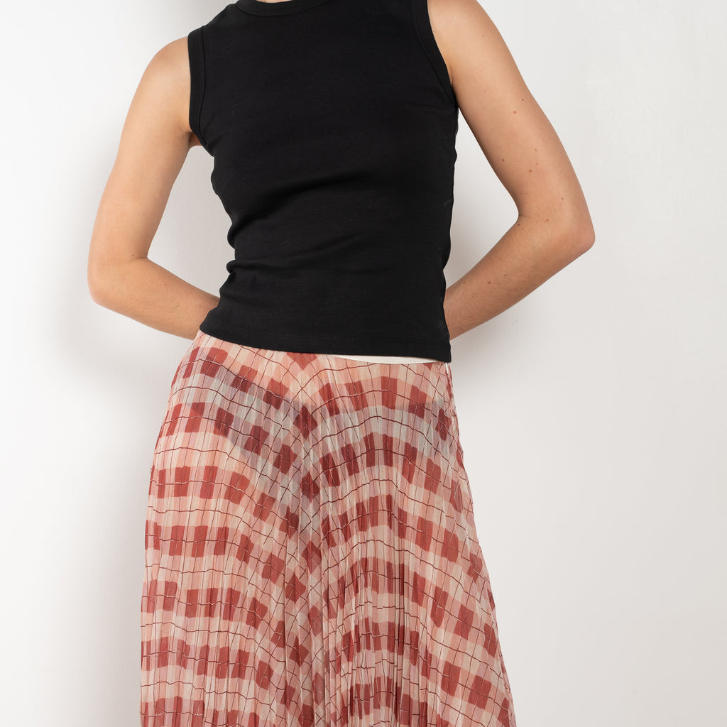 The Kate Pleated Skirt by SS Daley is a long pleated skirt in a silk voile with a delicate check print