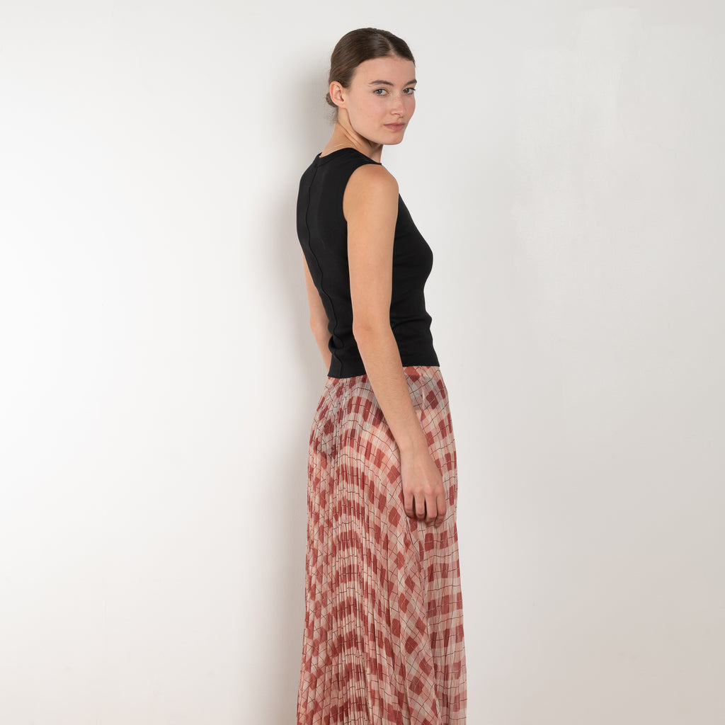 The Kate Pleated Skirt by SS Daley is a long pleated skirt in a silk voile with a delicate check print