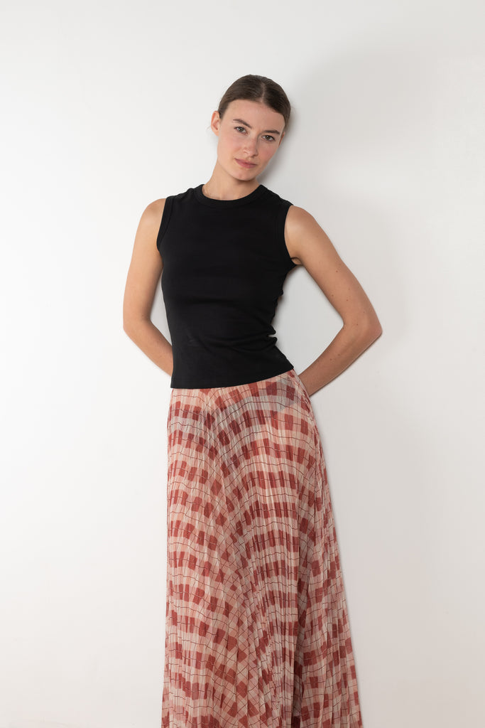The Kate Pleated Skirt by SS Daley is a long pleated skirt in a silk voile with a delicate check print