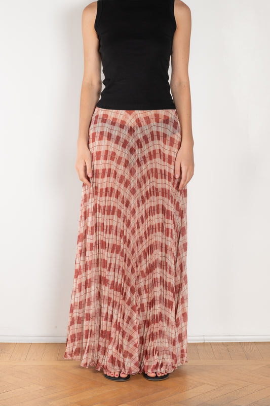 The Kate Pleated Skirt by SS Daley is a long pleated skirt in a silk voile with a delicate check print