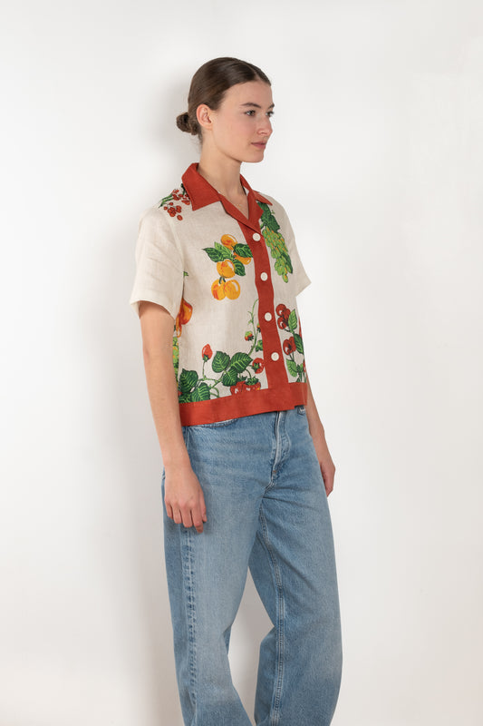 The Picnic Shirt by SS Daley is a short sleeved linen shirt with a estival fruit print
