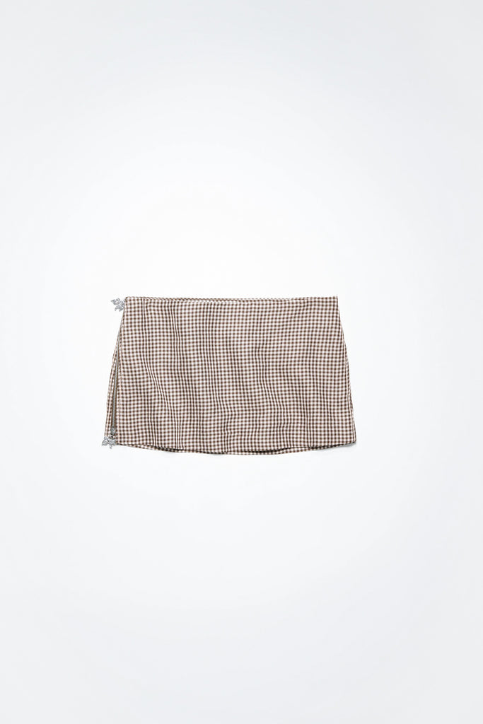 The Check Mini Skirt 501 by Acne Studios has a decorative stitch details and a two-way zipper closure in a seasonal gingham print