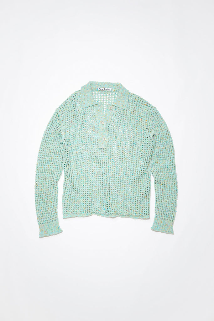 The Knitted Polo Shirt 547 by ACNE STUDIOS is a aqua blue polo jumper in a knitted tonal yarn with a crochet knit finish and a semi-sheer appearance