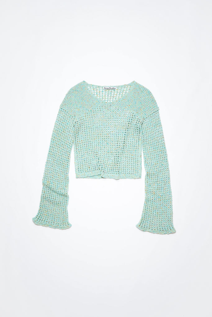 The Knitted Jumper 546 by ACNE STUDIOS is a aqua blue jumper in a knitted tonal yarn with a crochet knit finish and a semi-sheer appearance