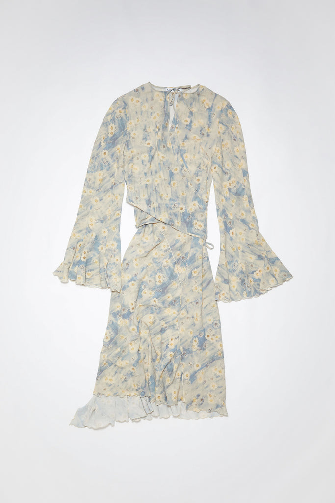 The Printed Wrap Dress 907 by Acne Studios has a relaxed fit with elongated flared sleeves and a mid-length in a faded flower print