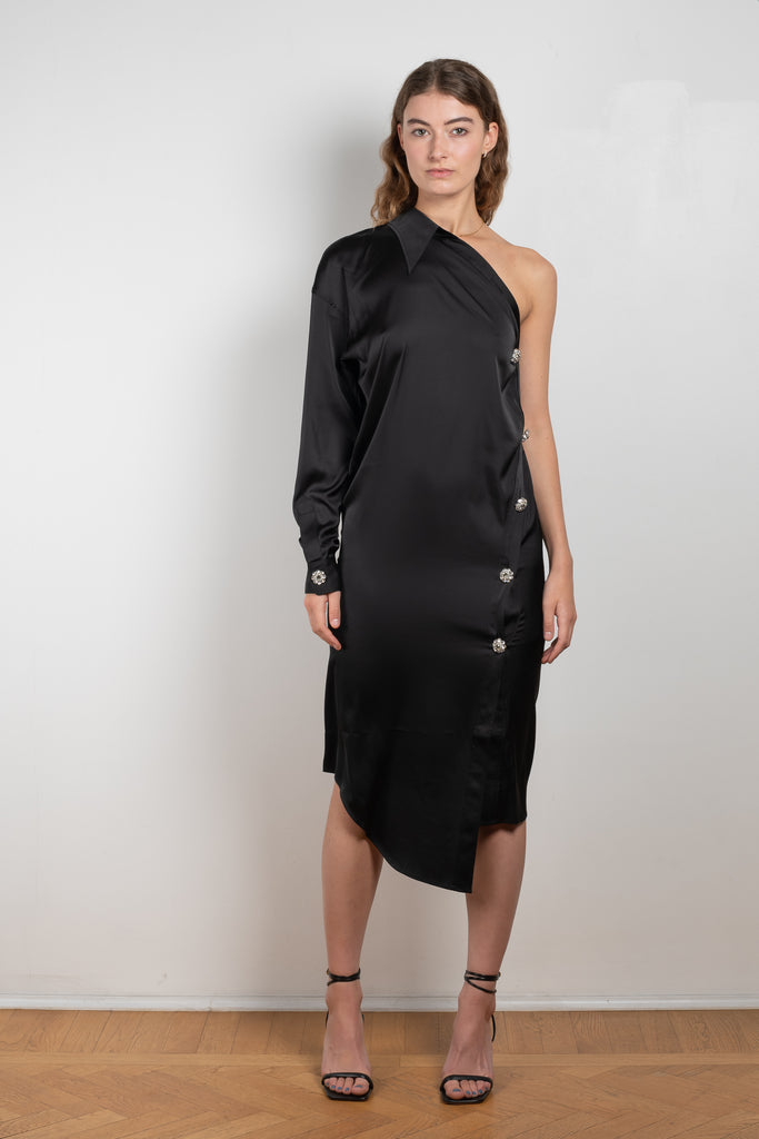The Satin Shirtdress 803 by ACNE STUDIOS is an asymetric shirtdress with crystal-finish buttons in a fluid satin