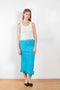 The Tassel Skirt 497 by Acne Studios is a turquoise pencil skirt with a ribbed finish, a tonal tassel at the bottom hem, stitching details and a back centre slit