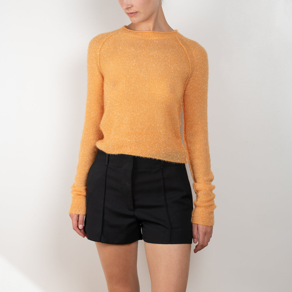 The Sparkly Crew Neck Sweater 480 by Acne Studios is a lightweight sweater with a cut-out detailing with tie-up closure on the back and a glistening effect