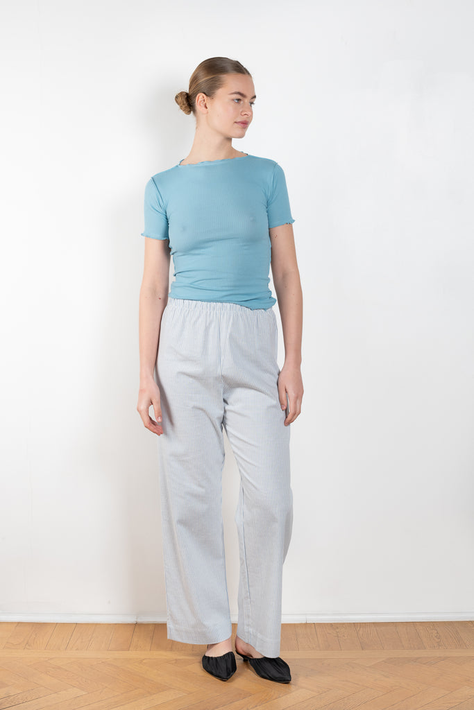 The Ole Pants by Baserange are high waisted loose trousers in blue striped organic cotton