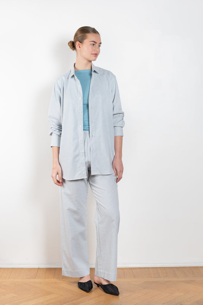 The Ole Shirt by Baserange is a blue striped summer shirt in organic cotton that can be worn as a set with matching pants