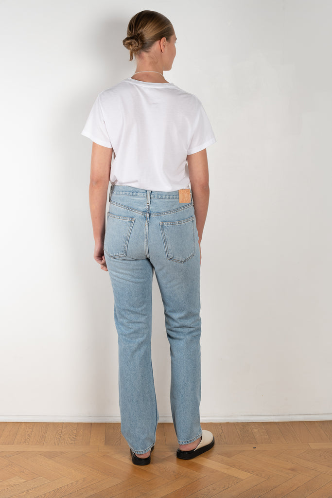 The Brit Jeans by B SIDES  is a mid waisted jeans with a full length straight leg in a mid blue wash