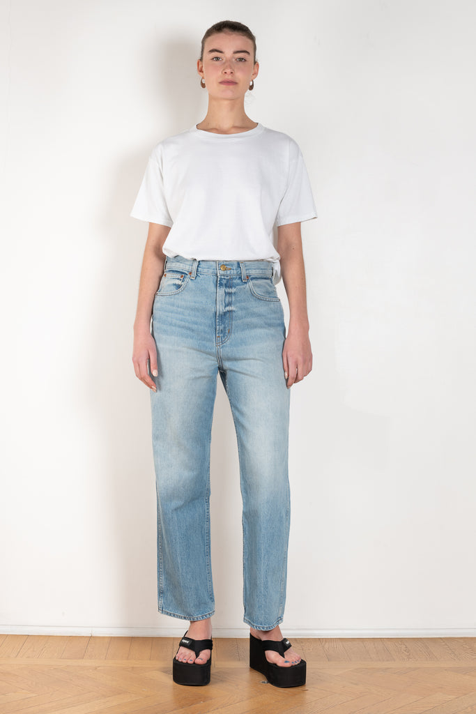 The Plein Relaxed Straight jeans by B SIDES  is a high waisted jeans with a relaxed straight leg in a light blue wash