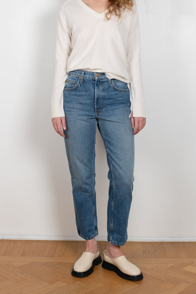 The Louis Hi Slim jeans by  is a high waisted jeans with a fitted straight leg in a vintage medium blue wash