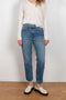 The Louis Hi Slim jeans by  is a high waisted jeans with a fitted straight leg in a vintage medium blue wash
