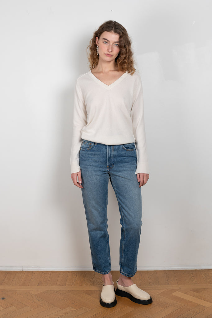 The Louis Hi Slim jeans by  is a high waisted jeans with a fitted straight leg in a vintage medium blue wash